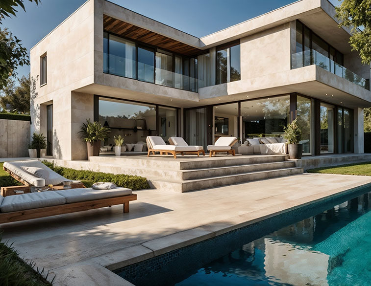 Villa with sunbeds and pool