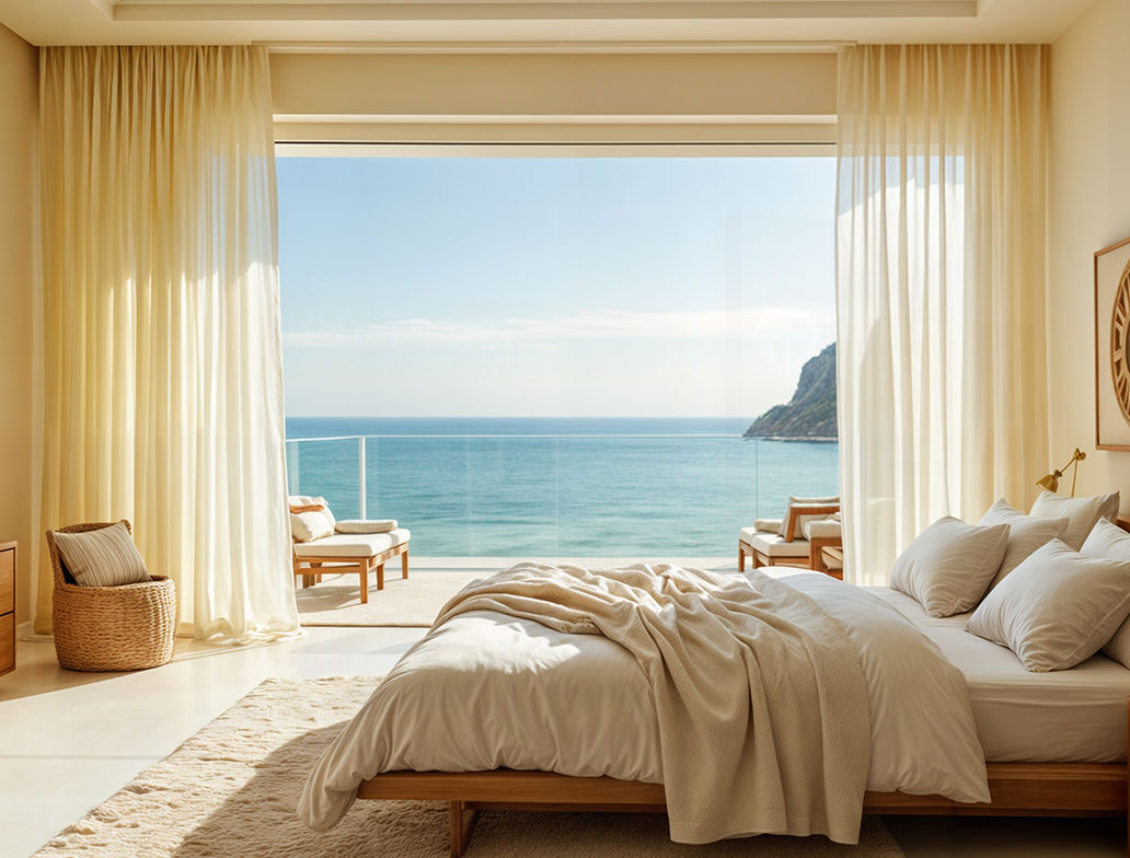 Bedroom with sea view, modern design, and neutral colors