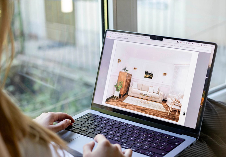 Real estate agent presenting a property on a laptop to a client