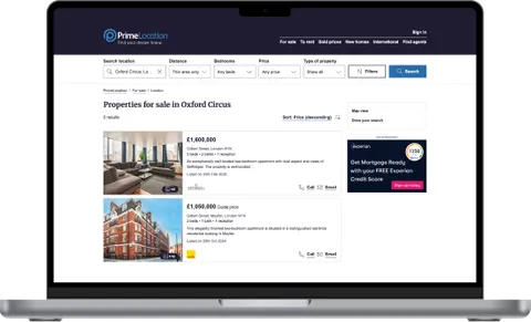 PrimeLocation.com property portal shown on a laptop
